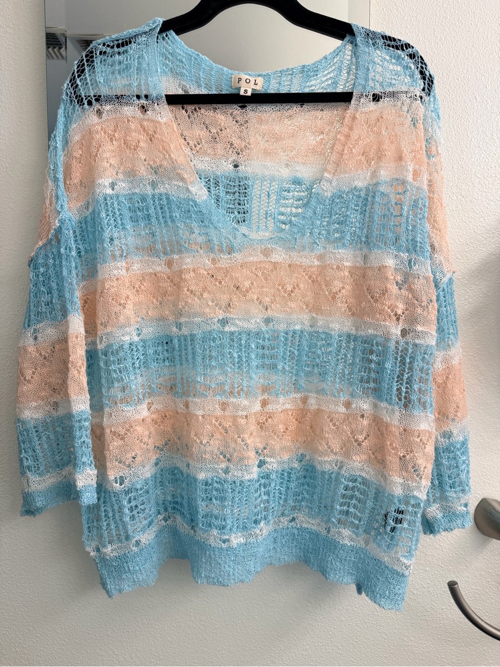 POL Sheer Open-Knit Top in Light Blue & Peach